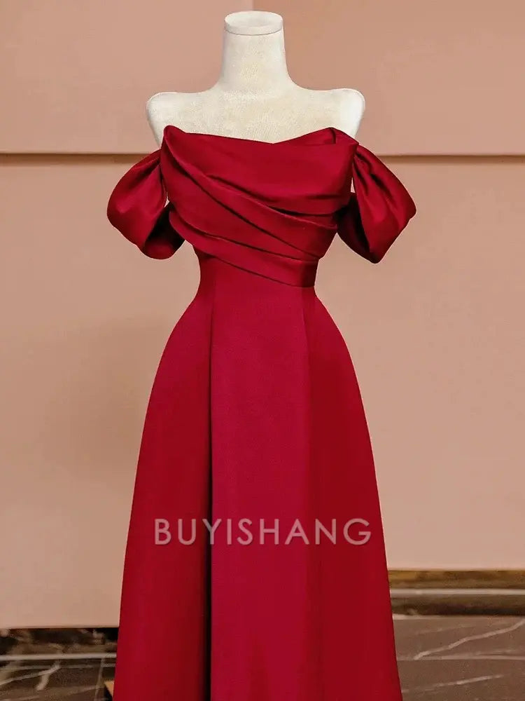 Buyishang Sexy A Line Off The Shoulder Red Satin Floor Length Evening Dress Prom Dresses