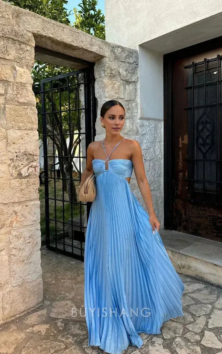 Buyishang Sexy A Line Spaghetti Straps Blue Backless Prom Dresses Long Party Dress