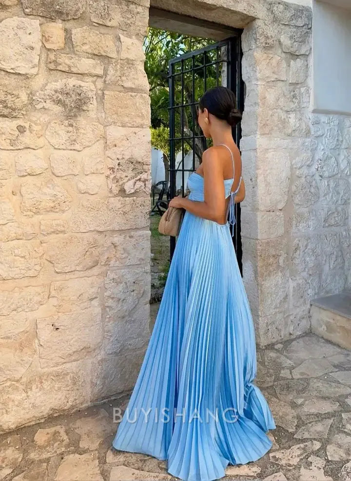 Buyishang Sexy A Line Spaghetti Straps Blue Backless Prom Dresses Long Party Dress