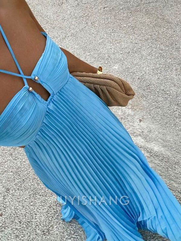 Buyishang Sexy A Line Spaghetti Straps Blue Backless Prom Dresses Long Party Dress
