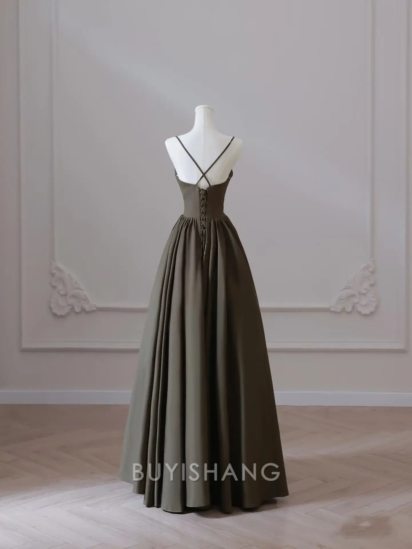 Buyishang Sexy A Line Spaghetti Straps Satin Long Prom Dresses Evening Gowns