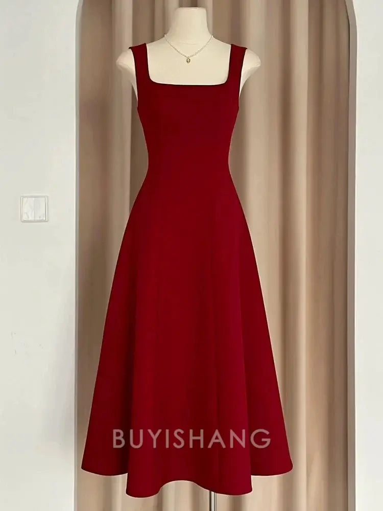 Buyishang Sexy A Line Square Neckline Red Satin Ankle Length Evening Dress Prom Dresses
