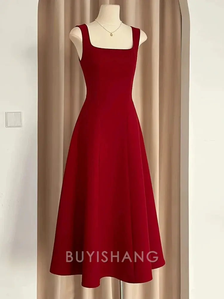 Buyishang Sexy A Line Square Neckline Red Satin Ankle Length Evening Dress Prom Dresses