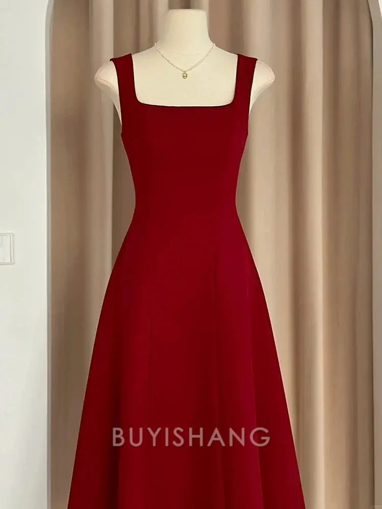 Buyishang Sexy A Line Square Neckline Red Satin Ankle Length Evening Dress Prom Dresses