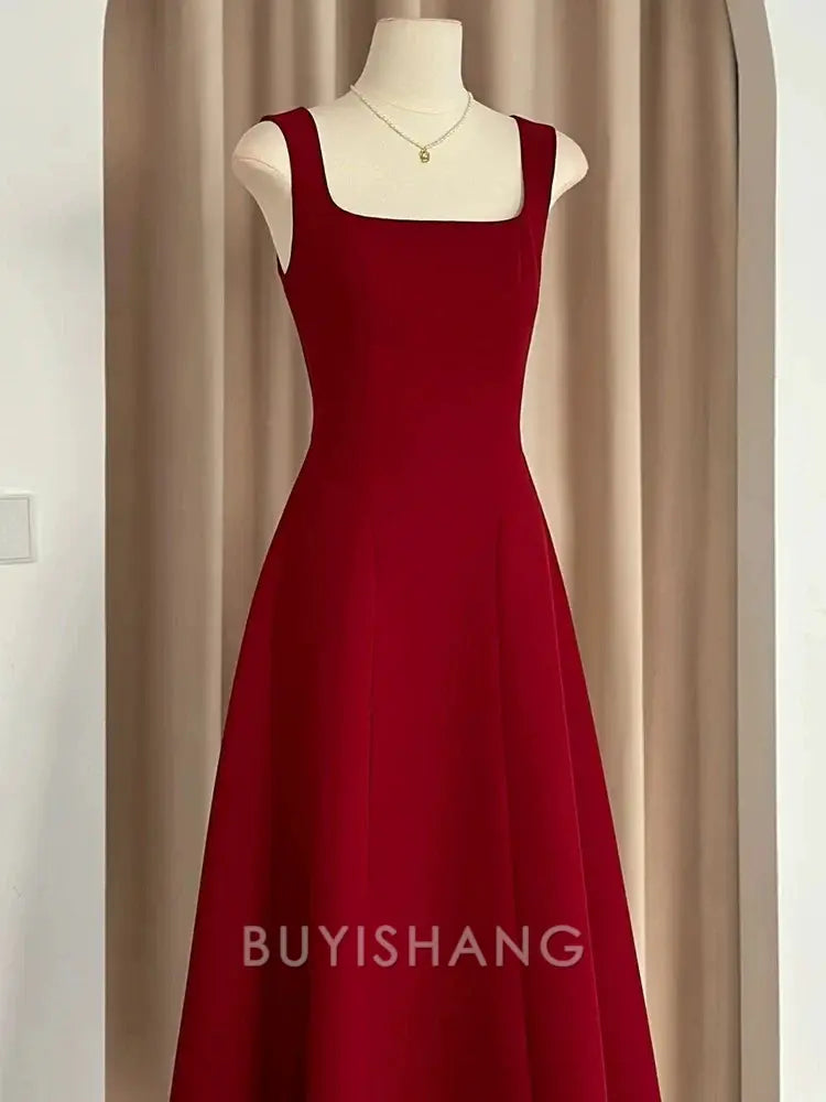 Buyishang Sexy A Line Square Neckline Red Satin Ankle Length Evening Dress Prom Dresses