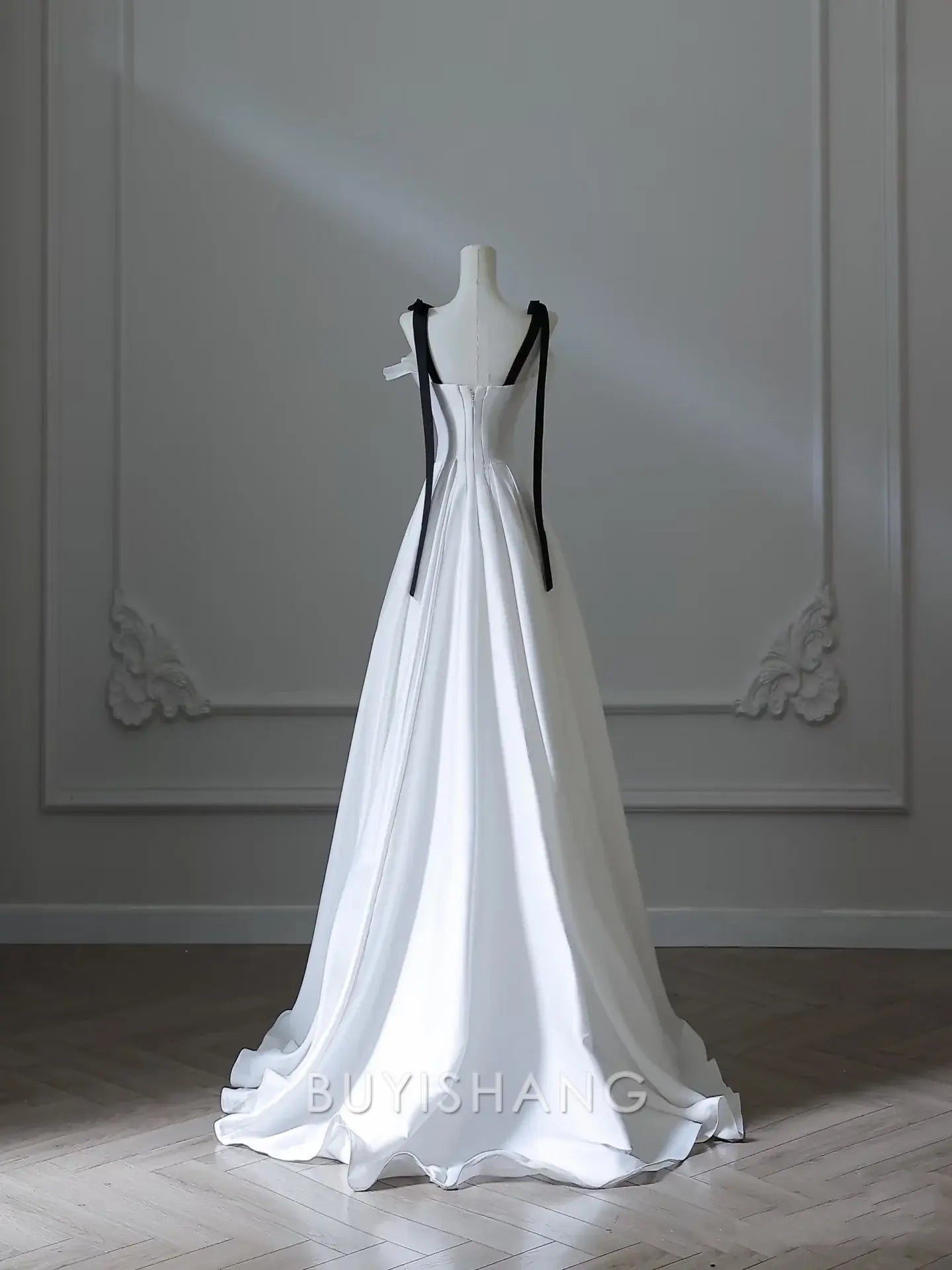 Buyishang Sexy A Line Straps White Satin Long Prom Dresses Evening Gowns
