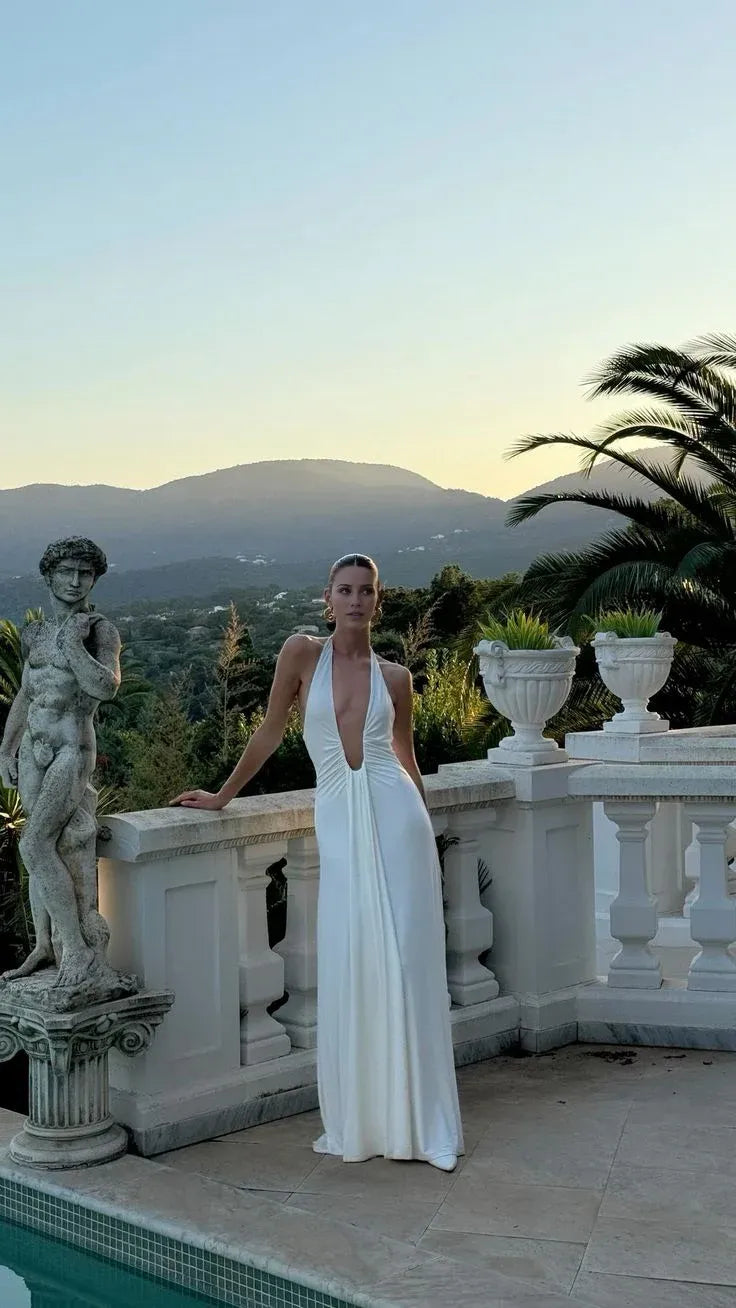 Buyishang Sexy A line Halter White floor-length prom dresses evening gown