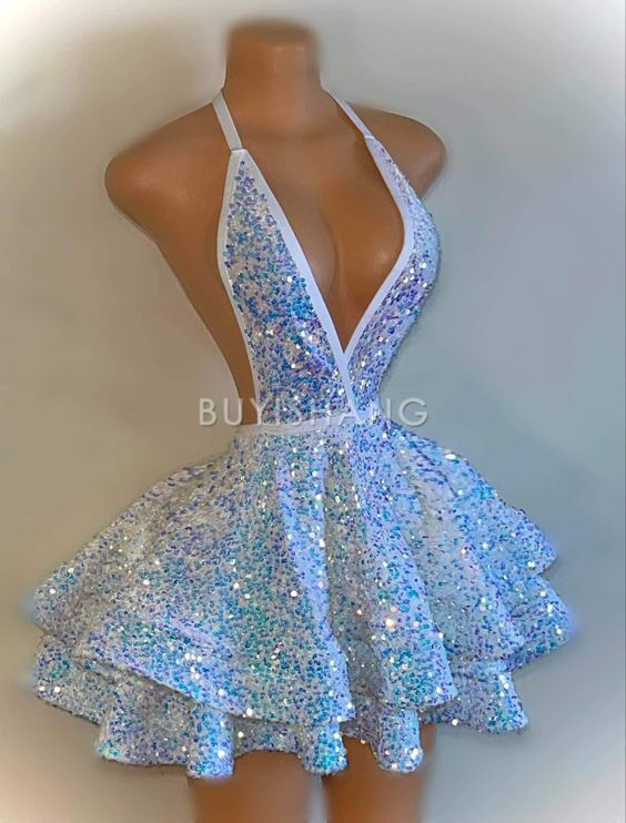 Buyishang Sexy Ball Gown Halter White Sequin Homecoming Dresses Short Hoco Dress With Backless
