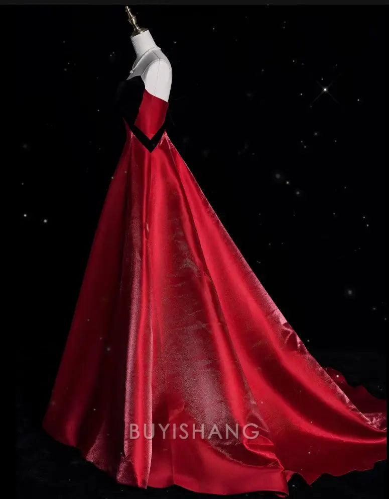 Buyishang Sexy Ball Gown Strapless Red Satin Evening Gowns Long Prom Dresses