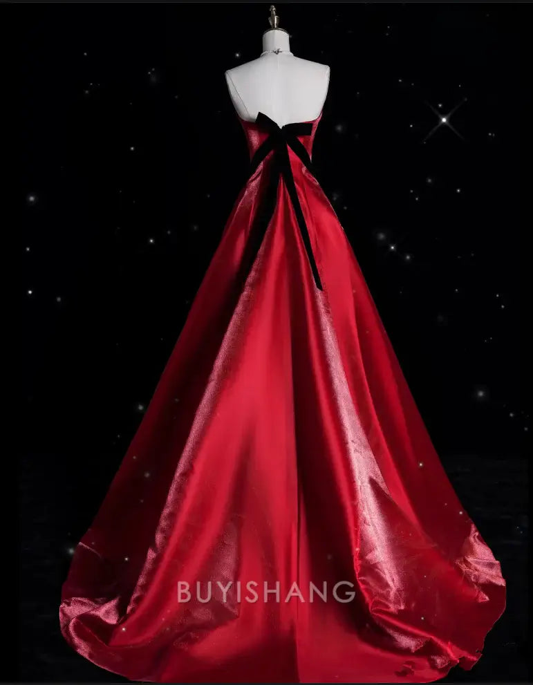 Buyishang Sexy Ball Gown Strapless Red Satin Evening Gowns Long Prom Dresses