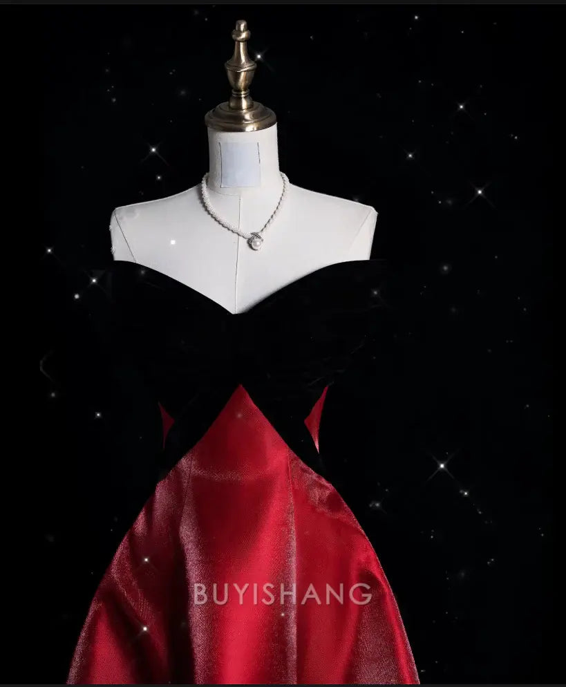 Buyishang Sexy Ball Gown Strapless Red Satin Evening Gowns Long Prom Dresses