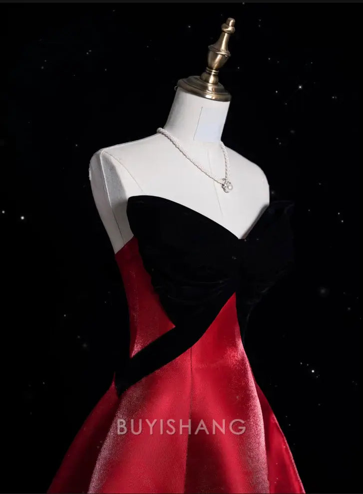 Buyishang Sexy Ball Gown Strapless Red Satin Evening Gowns Long Prom Dresses