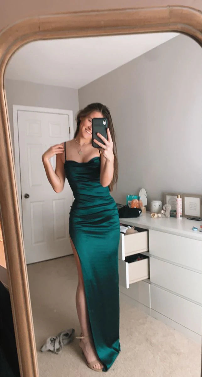 Buyishang Sexy Mermaid Green Satin Long Prom Dresses Long Party Dress