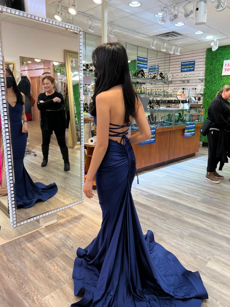 Buyishang Sexy Mermaid Navy Blue Satin Long Backless Prom Dresses Long Party Dress