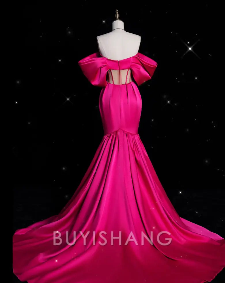 Buyishang Sexy Mermaid Off The Shoulder Neckline Satin Pink Long Prom Dresses Party Dress