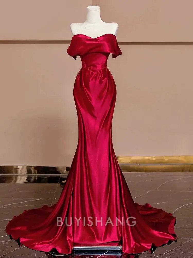Buyishang Sexy Mermaid Off The Shoulder Satin Red Floor Length Evening Dress Prom Dresses
