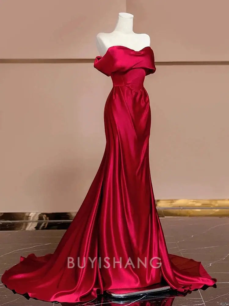 Buyishang Sexy Mermaid Off The Shoulder Satin Red Floor Length Evening Dress Prom Dresses