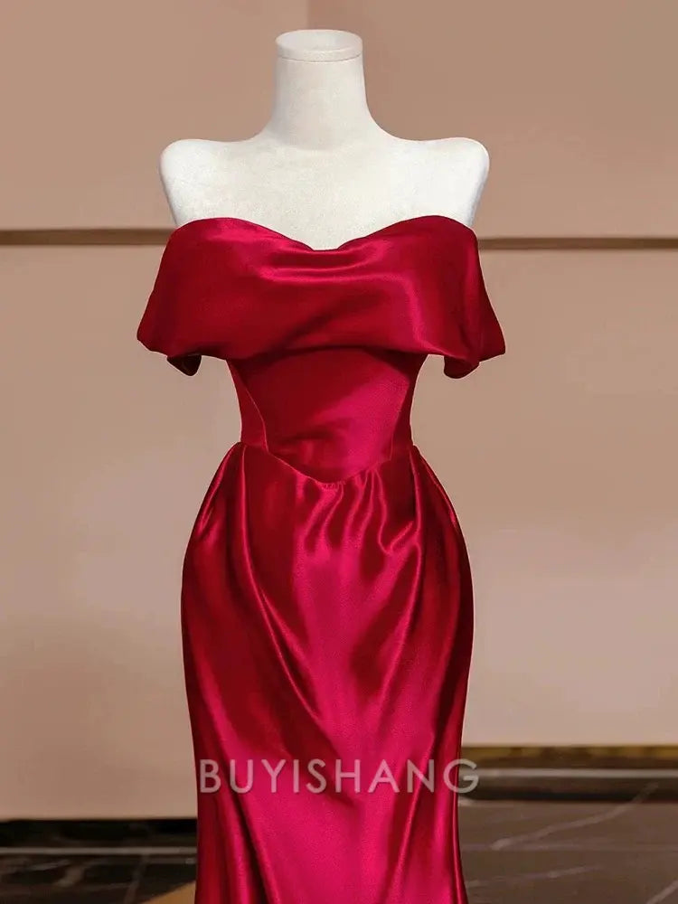 Buyishang Sexy Mermaid Off The Shoulder Satin Red Floor Length Evening Dress Prom Dresses