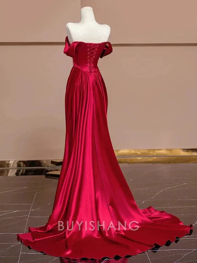 Buyishang Sexy Mermaid Off The Shoulder Satin Red Floor Length Evening Dress Prom Dresses