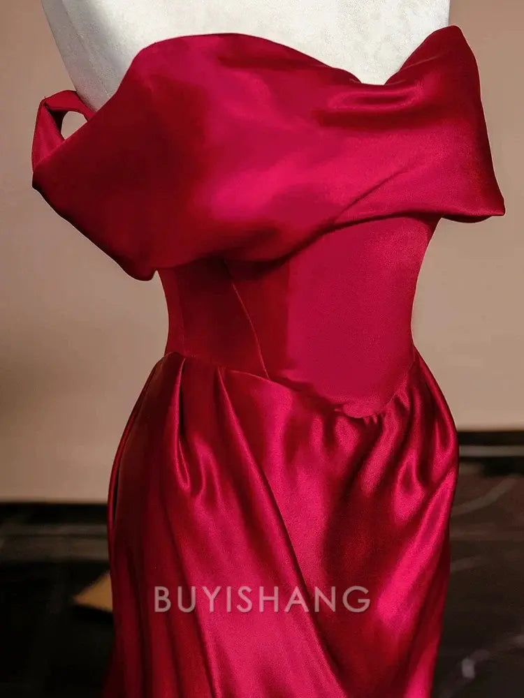 Buyishang Sexy Mermaid Off The Shoulder Satin Red Floor Length Evening Dress Prom Dresses