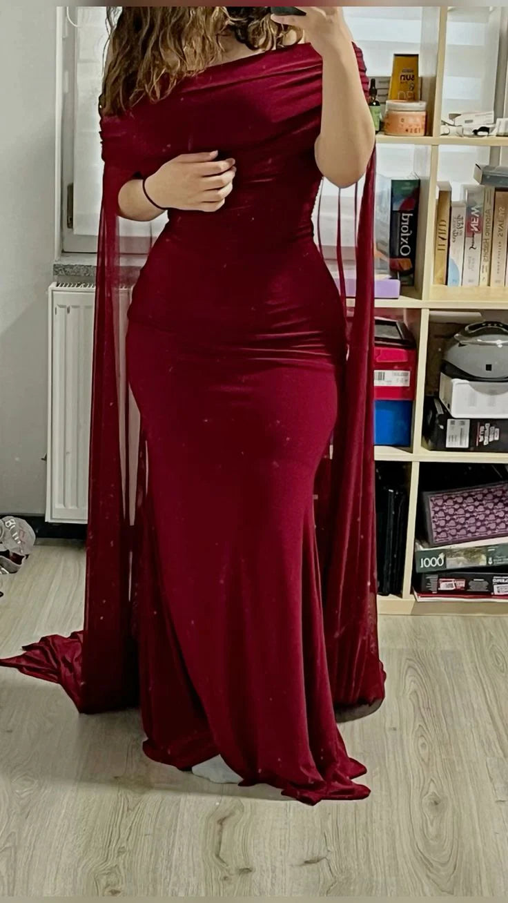 Buyishang Sexy Mermaid Off The Shoulder Short Sleeves Burgundy Long Prom Dresses Party Dress
