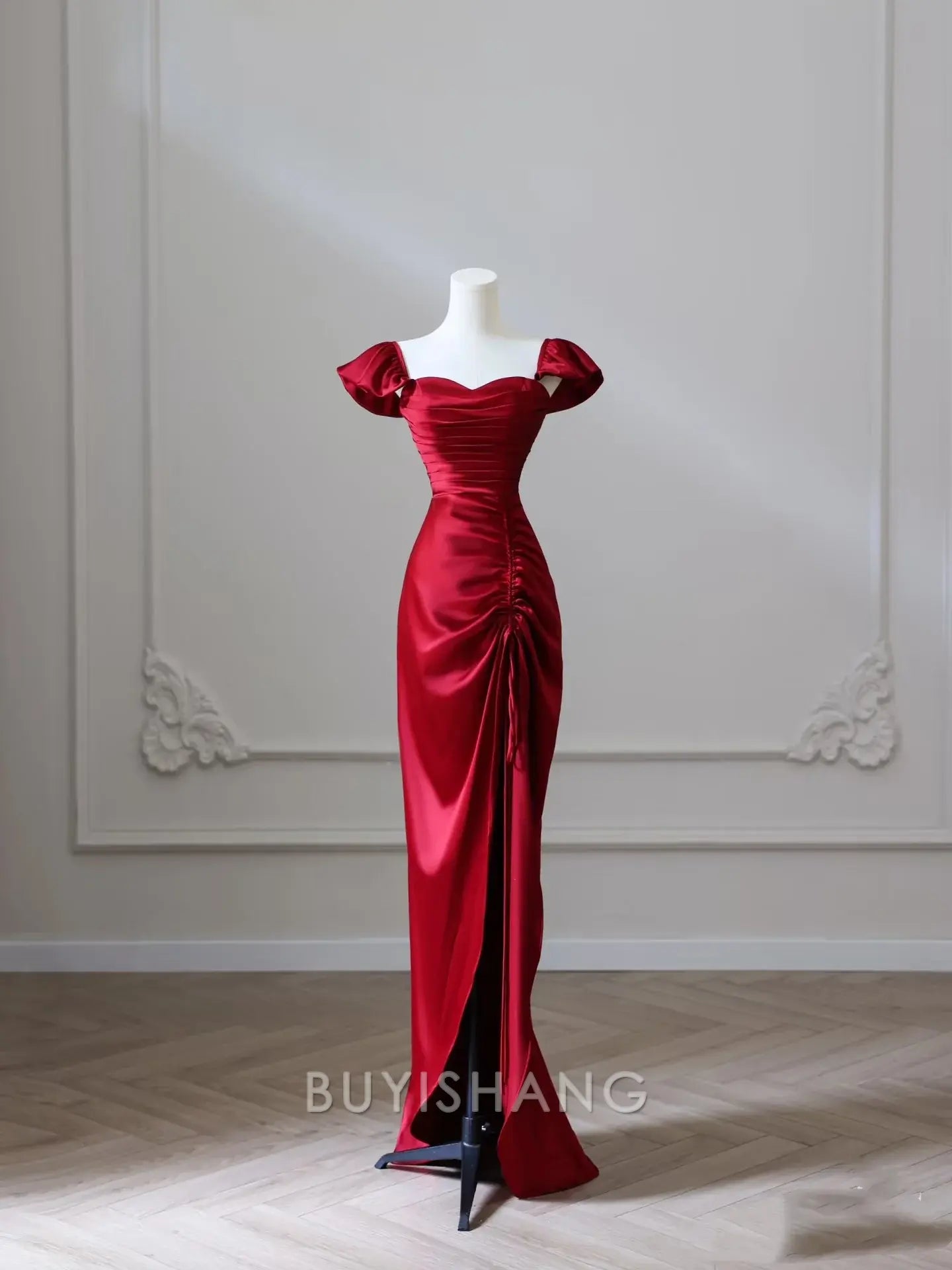 Buyishang Sexy Mermaid Red Satin High Low Prom Dresses Evening Gowns