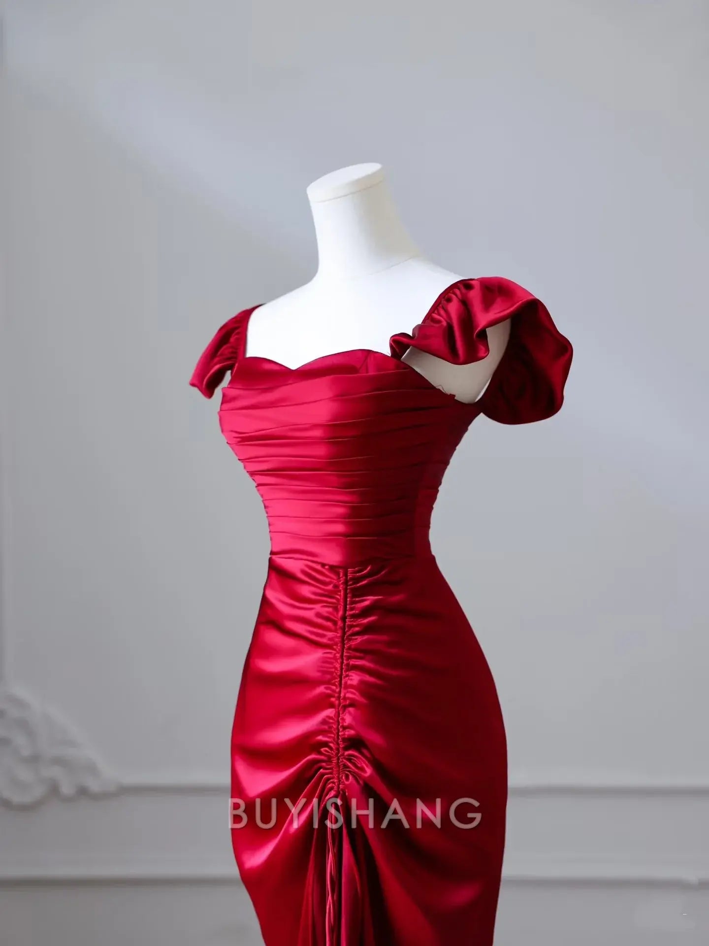 Buyishang Sexy Mermaid Red Satin High Low Prom Dresses Evening Gowns