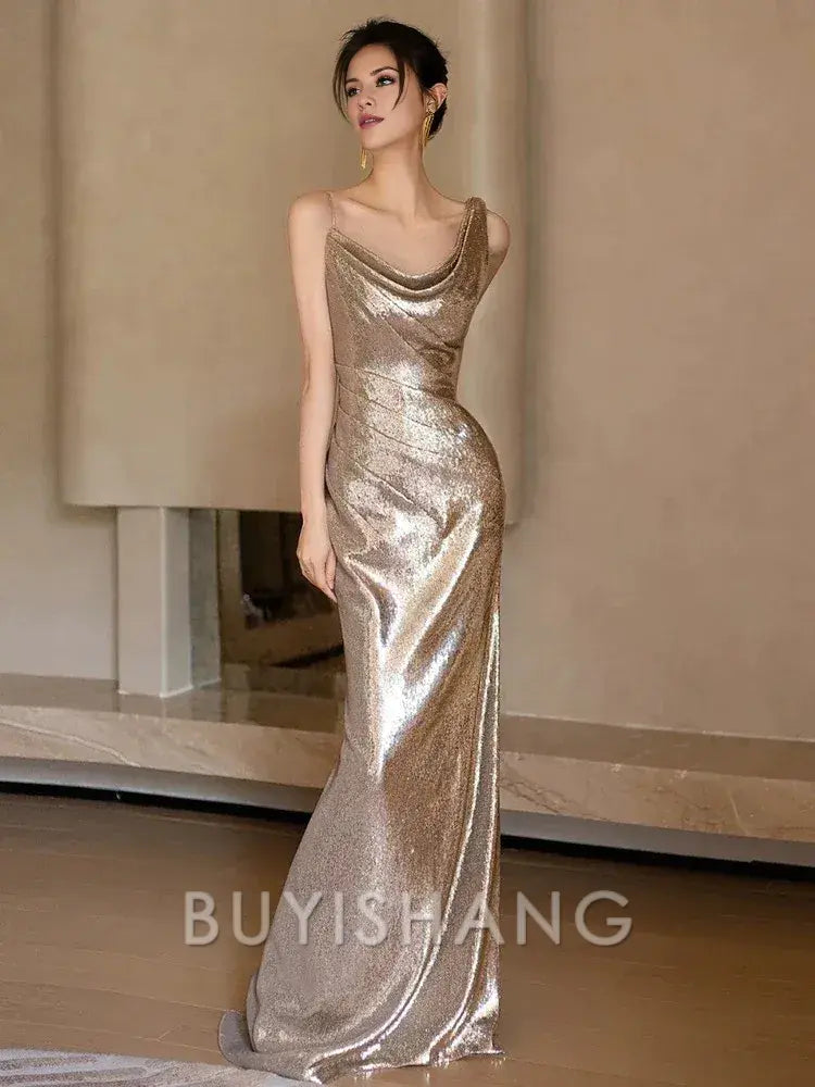 Buyishang Sexy Mermaid Sequin Backless Floor Length Evening Dress Prom Dresses