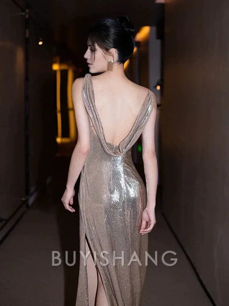 Buyishang Sexy Mermaid Sequin Backless Floor Length Evening Dress Prom Dresses