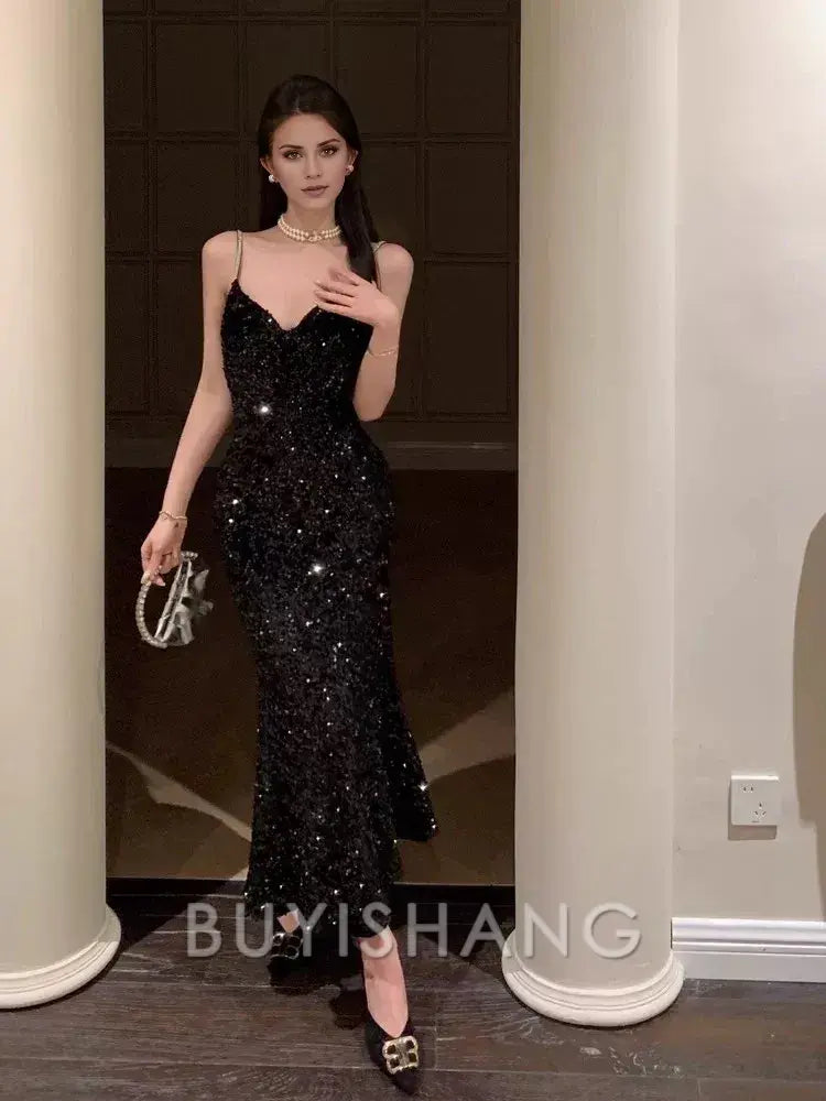 Buyishang Sexy Mermaid Spaghetti Straps Black Sequin Evening Dress Prom Dresses