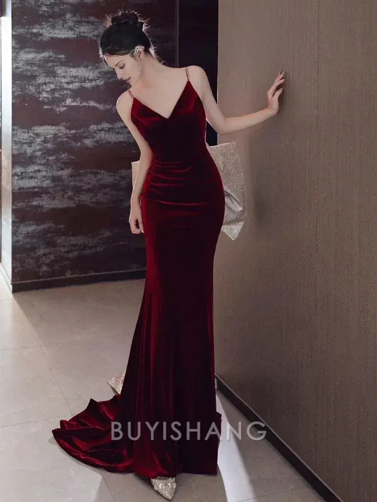 Buyishang Sexy Mermaid Spaghetti Straps Burgundy Velvet Long Evening Dress Prom Dresses