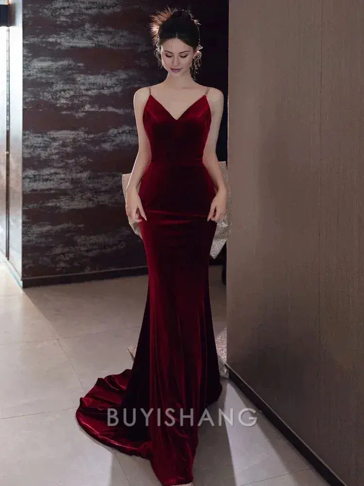 Buyishang Sexy Mermaid Spaghetti Straps Burgundy Velvet Long Evening Dress Prom Dresses