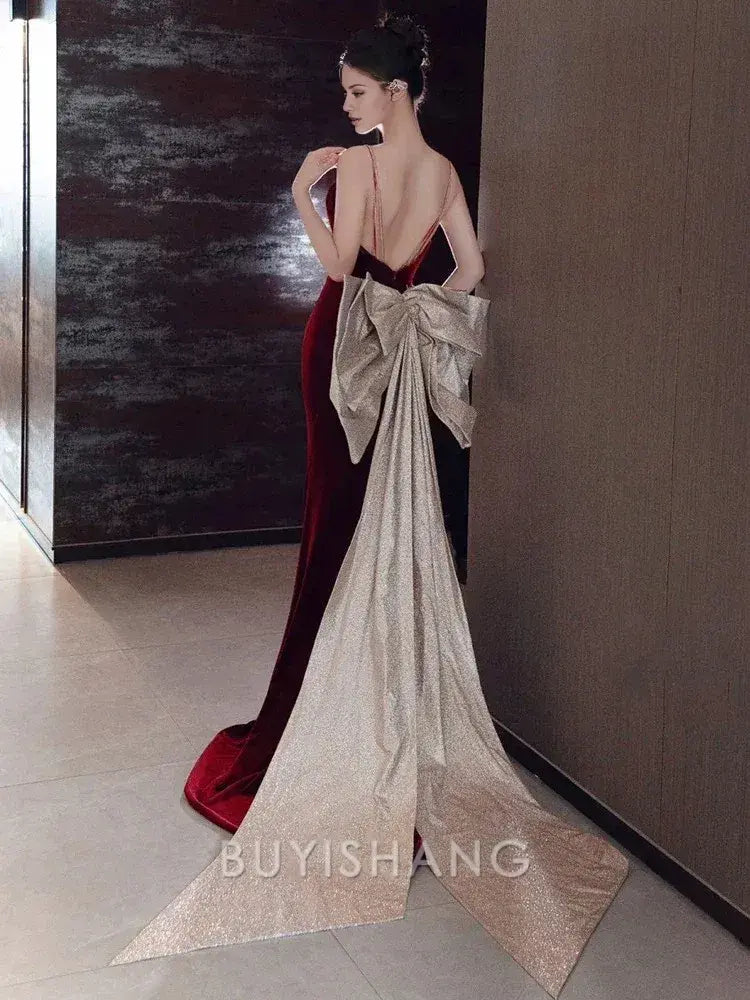 Buyishang Sexy Mermaid Spaghetti Straps Burgundy Velvet Long Evening Dress Prom Dresses