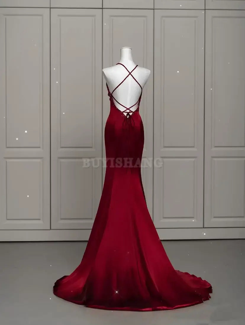Buyishang Sexy Mermaid Spaghetti Straps Floor Length Burgundy Satin Backless Prom Dresses formal wear dresses