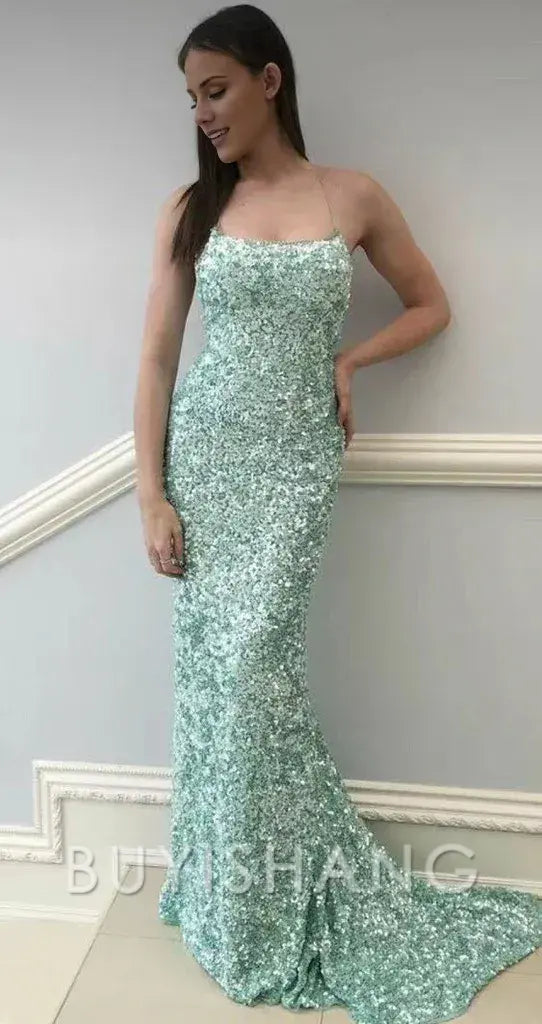 Buyishang Sexy Mermaid Spaghetti Straps Maxi Long Party MINT GREEN Sequin Prom Dresses Evening Dress