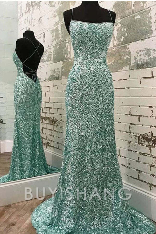 Buyishang Sexy Mermaid Spaghetti Straps Maxi Long Party MINT GREEN Sequin Prom Dresses Evening Dress