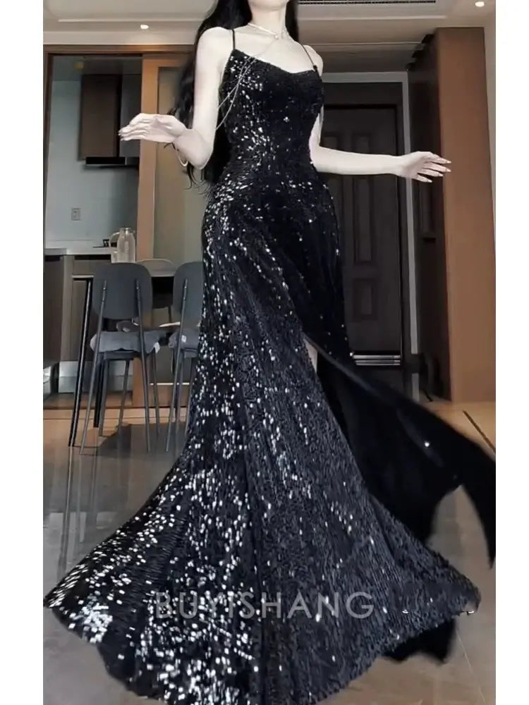 Buyishang Sexy Mermaid Spaghetti Straps Sequin Black Long Prom Dresses
