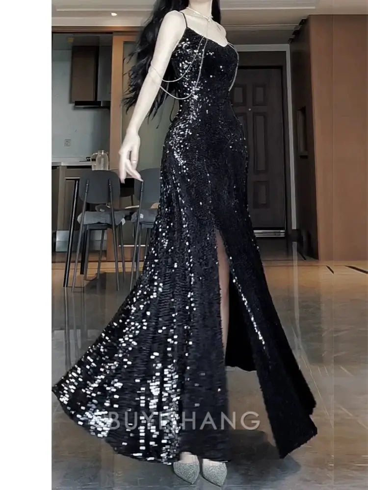 Buyishang Sexy Mermaid Spaghetti Straps Sequin Black Long Prom Dresses