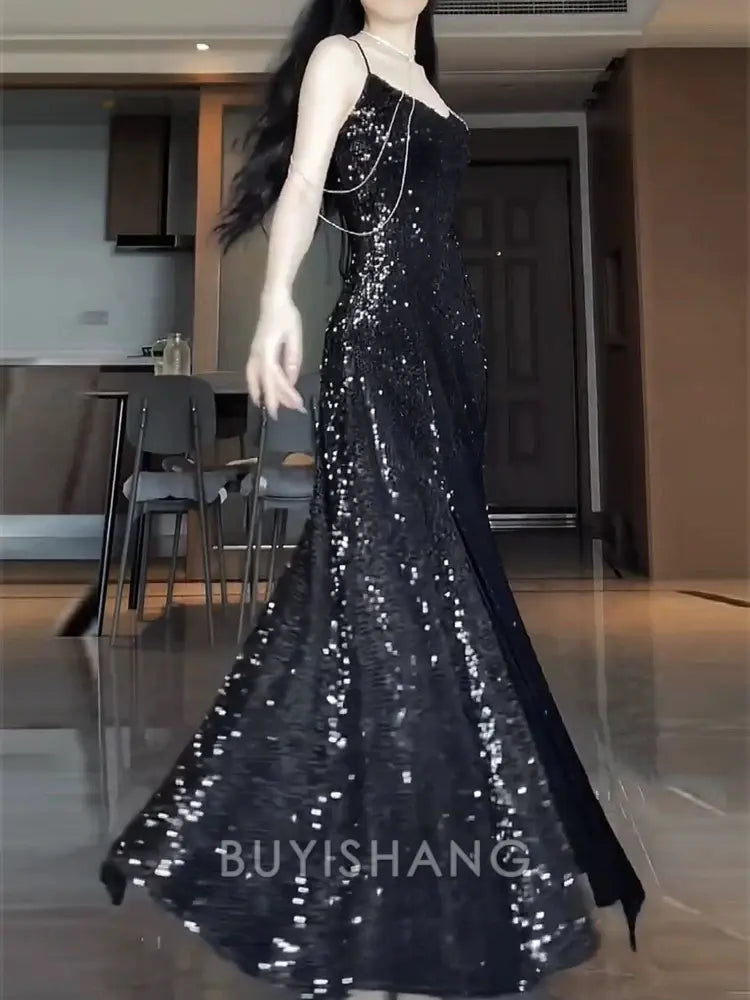 Buyishang Sexy Mermaid Spaghetti Straps Sequin Black Long Prom Dresses
