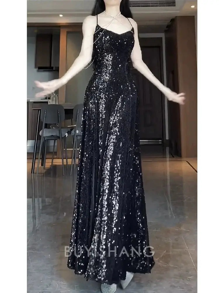 Buyishang Sexy Mermaid Spaghetti Straps Sequin Black Long Prom Dresses