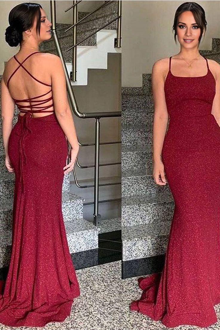 Buyishang Sexy Mermaid Spaghetti Straps Sequin Burgundy Prom Dresses Long Party Dress