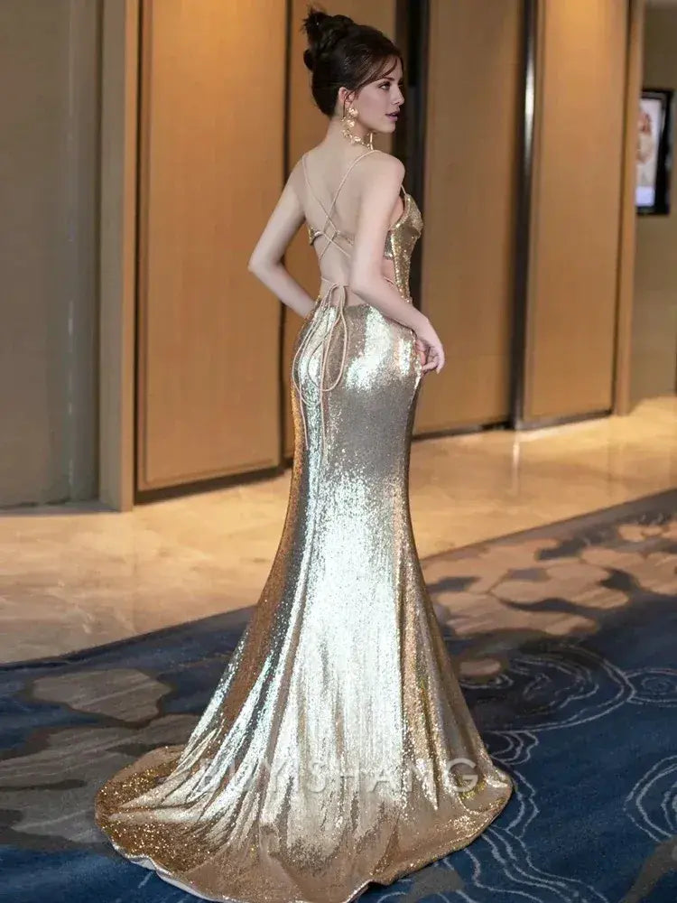 Buyishang Sexy Mermaid Spaghetti Straps Sequin Gold Floor Length Evening Dress Prom Dresses