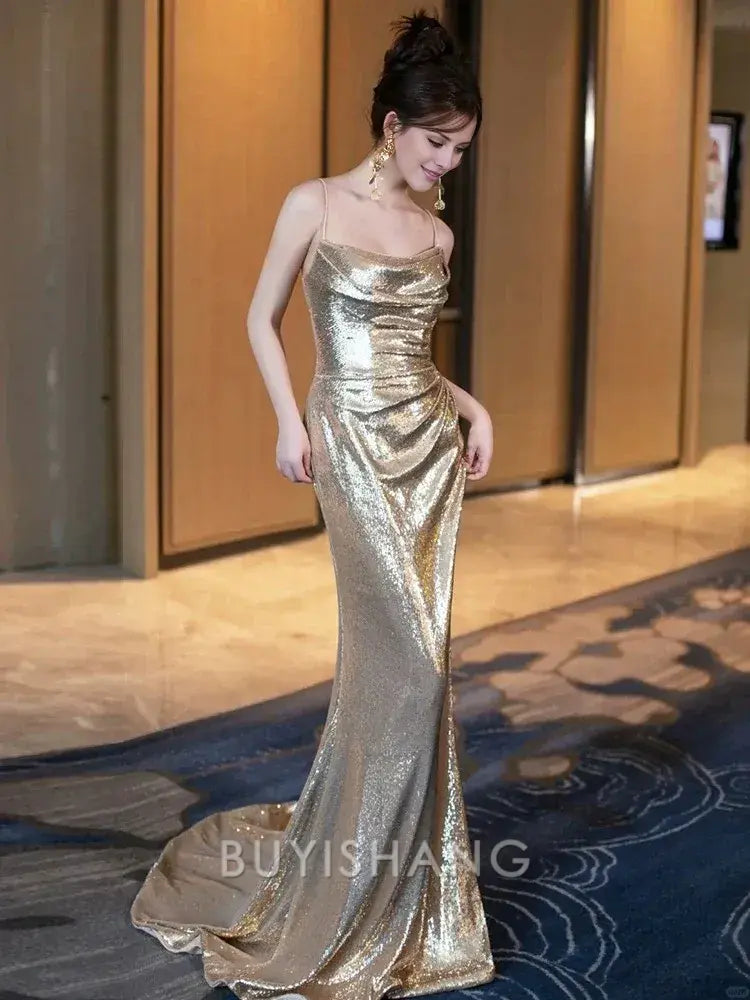 Buyishang Sexy Mermaid Spaghetti Straps Sequin Gold Floor Length Evening Dress Prom Dresses