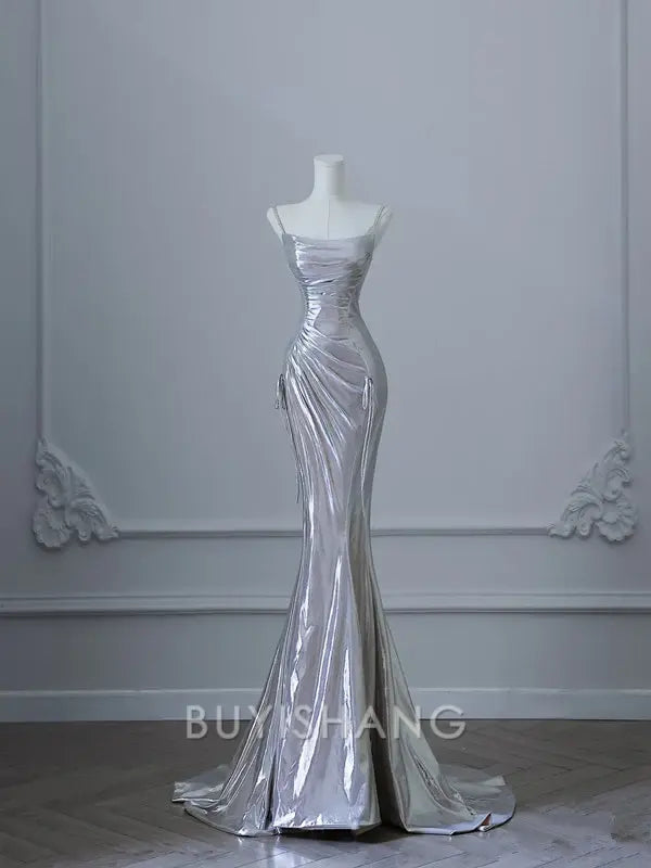Buyishang Sexy Mermaid Spaghetti Straps Silver Sequin Long Prom Dresses