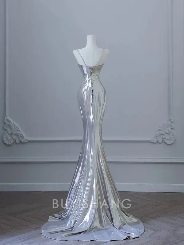 Buyishang Sexy Mermaid Spaghetti Straps Silver Sequin Long Prom Dresses