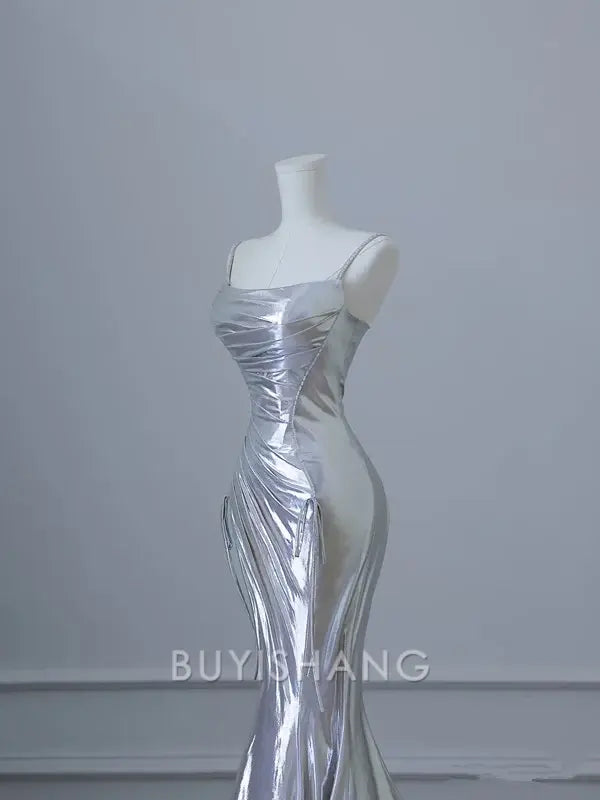 Buyishang Sexy Mermaid Spaghetti Straps Silver Sequin Long Prom Dresses