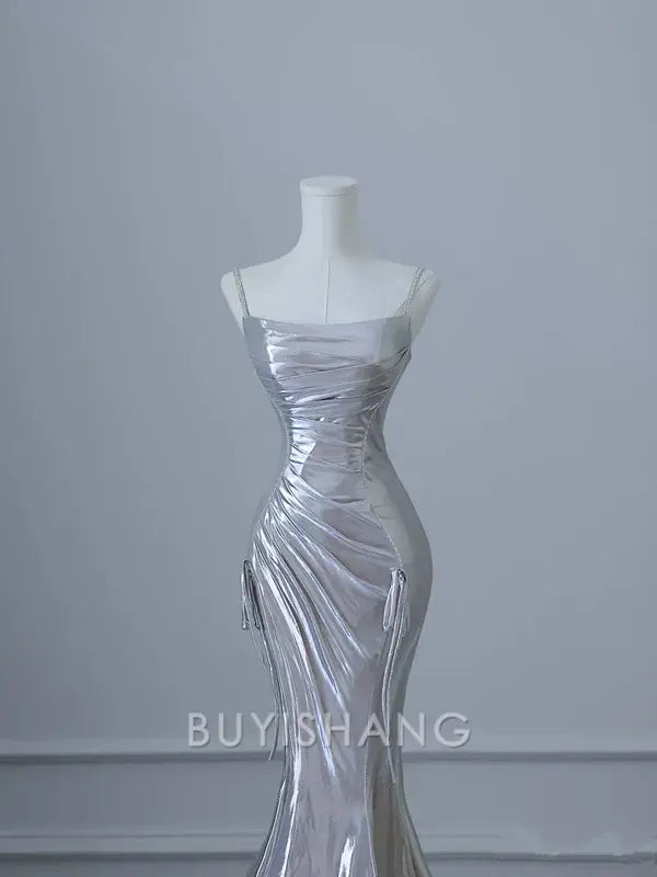 Buyishang Sexy Mermaid Spaghetti Straps Silver Sequin Long Prom Dresses