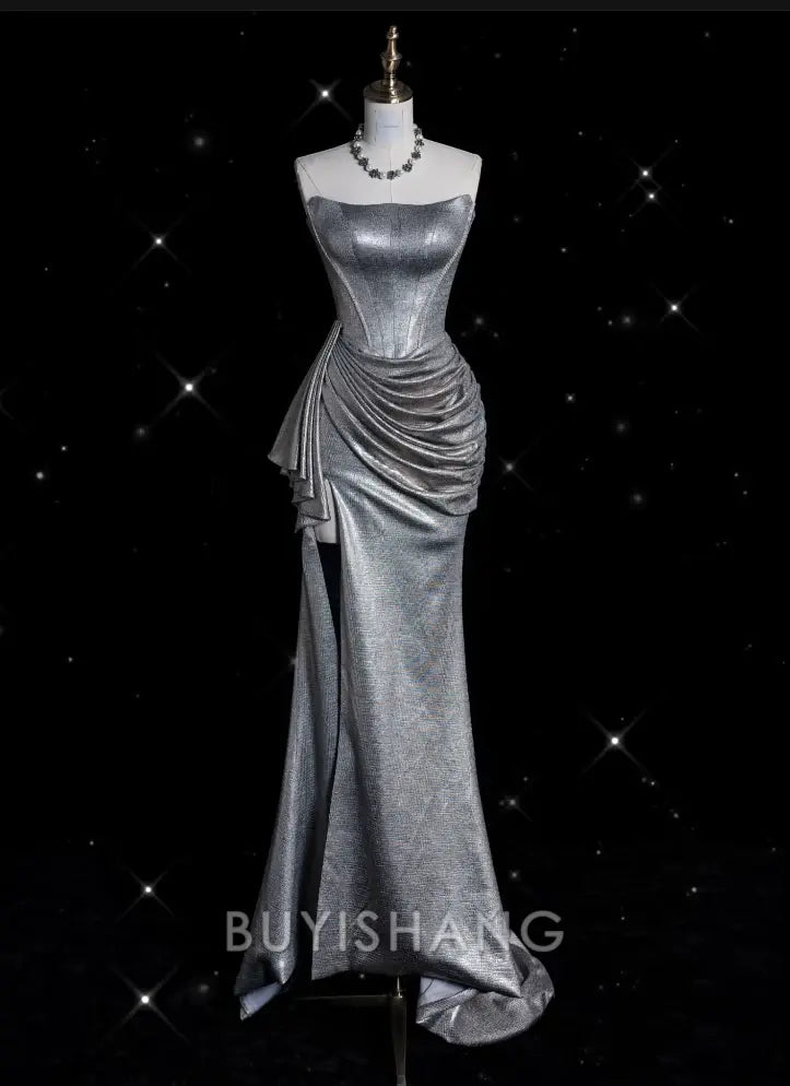 Buyishang Sexy Mermaid Strapless Sequin Silver Evening Gowns Long Prom Dresses