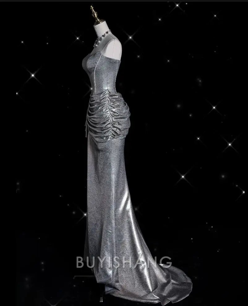 Buyishang Sexy Mermaid Strapless Sequin Silver Evening Gowns Long Prom Dresses