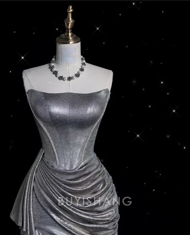 Buyishang Sexy Mermaid Strapless Sequin Silver Evening Gowns Long Prom Dresses